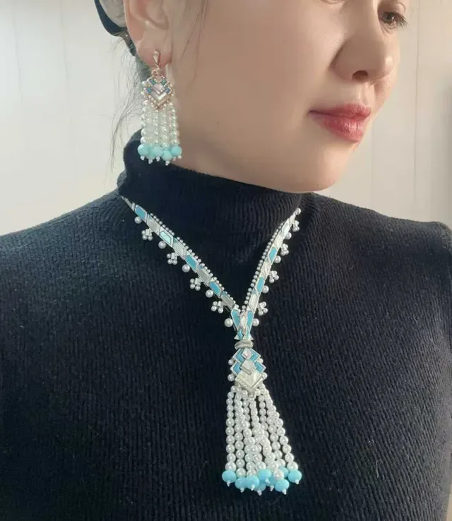 Geometric Mosaic Pearl and Turquoise Drop Earrings 2