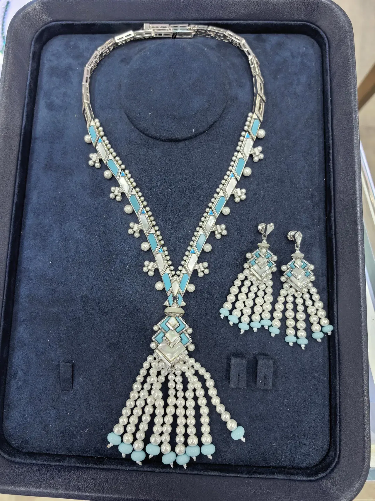 Geometric Mosaic Pearl and Turquoise Drop Earrings 4