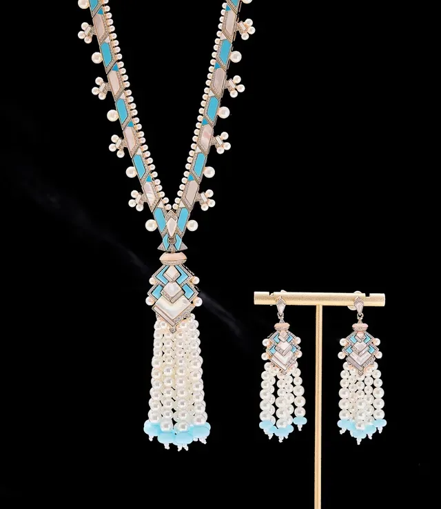 Geometric Mosaic Pearl and Turquoise Drop Earrings 5