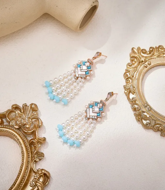 Geometric Mosaic Pearl and Turquoise Drop Earrings 6