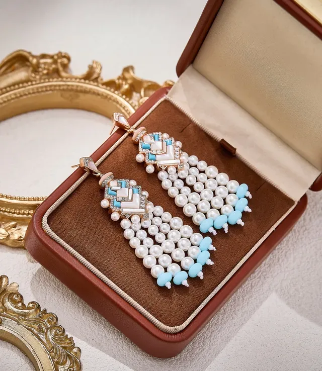 Geometric Mosaic Pearl and Turquoise Drop Earrings 7
