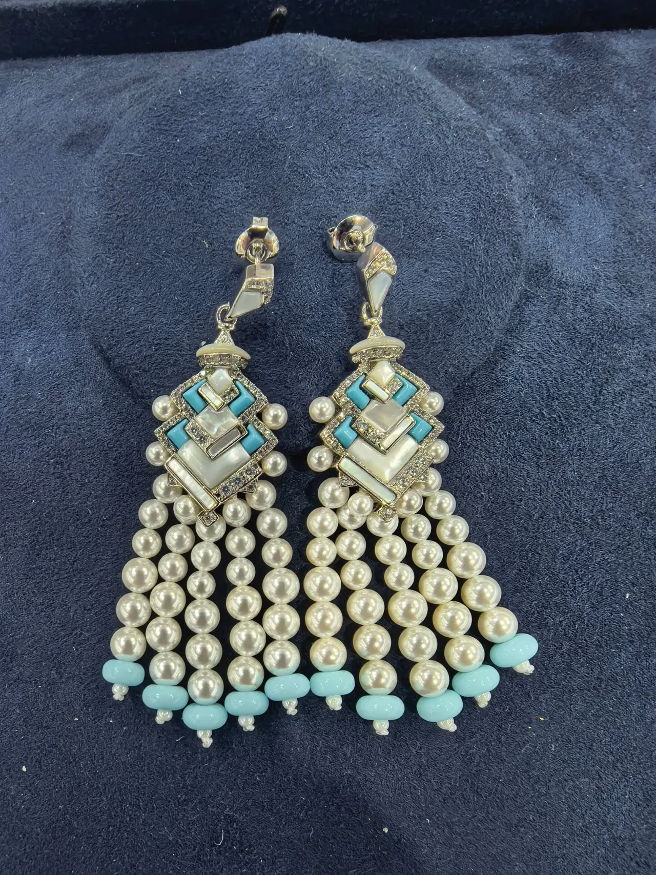 Geometric Mosaic Pearl and Turquoise Drop Earrings 8