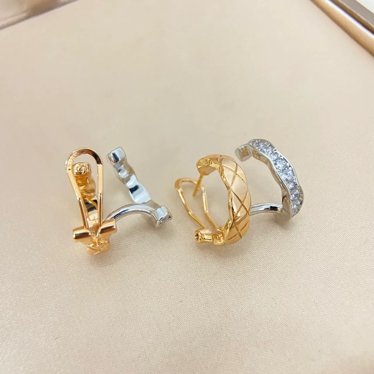 Gold and Silver Quilted Pave-Set Huggie Hoop Earrings 3