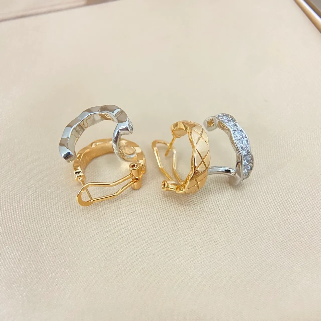 Gold and Silver Quilted Pave-Set Huggie Hoop Earrings 4