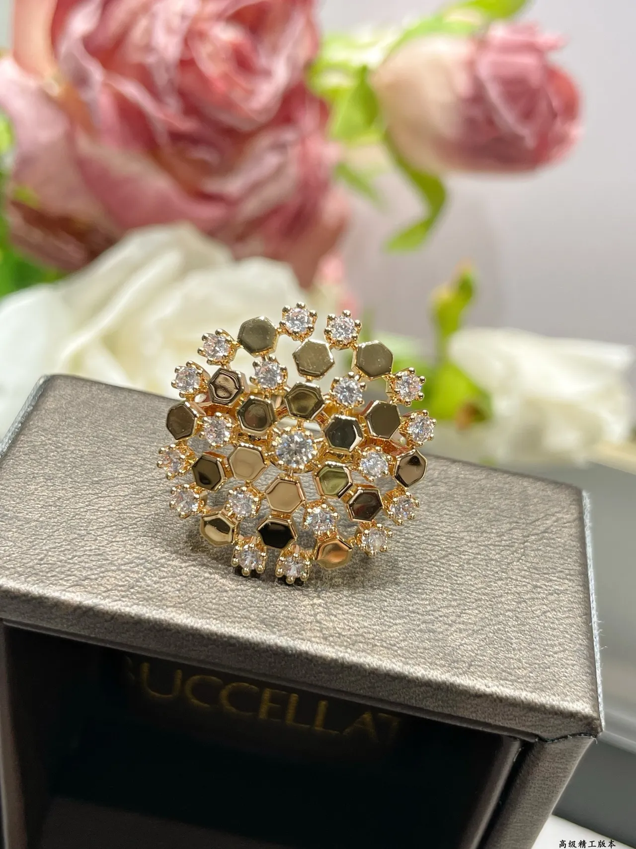 Gold Black Hexagonal Honeycomb Motif Pave-Set Clear Stones Ring 4
