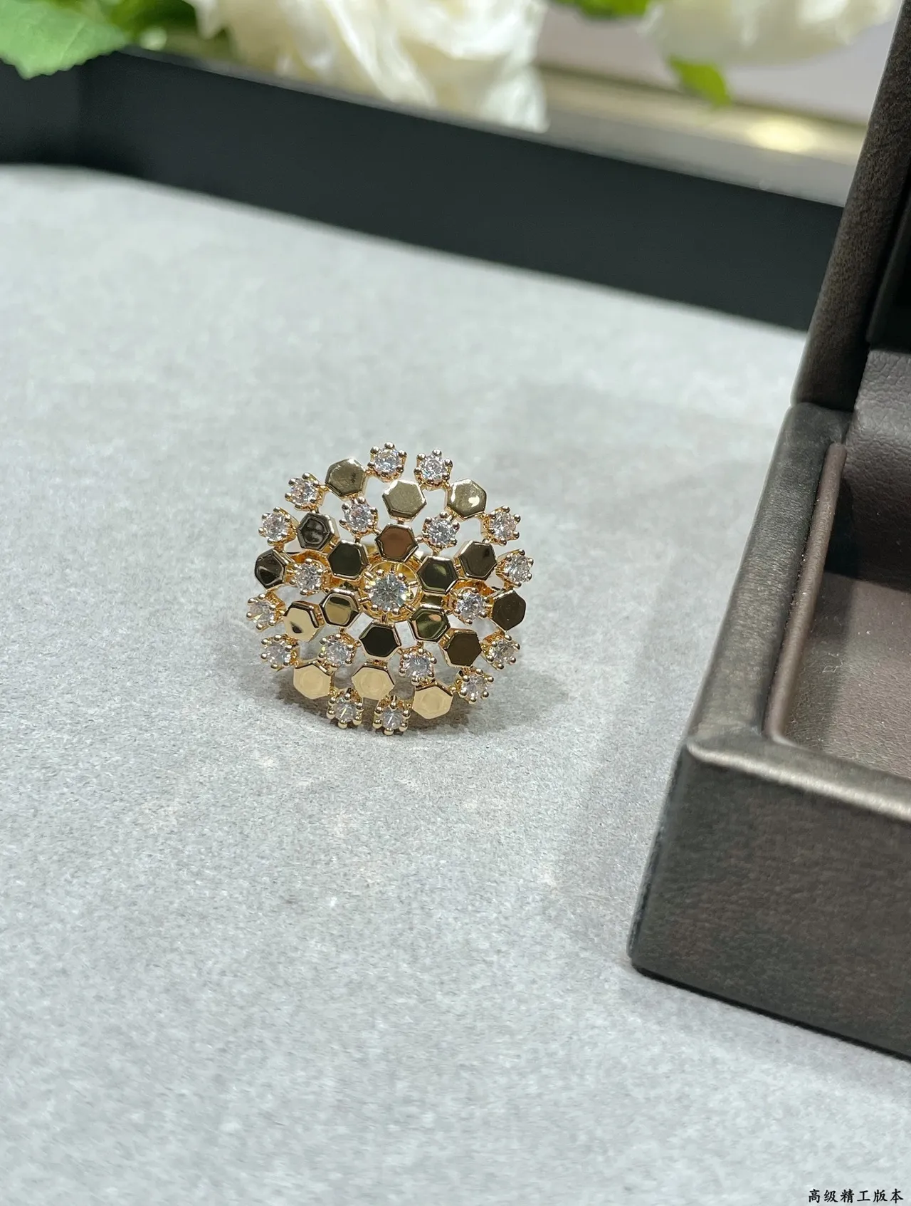 Gold Black Hexagonal Honeycomb Motif Pave-Set Clear Stones Ring 5
