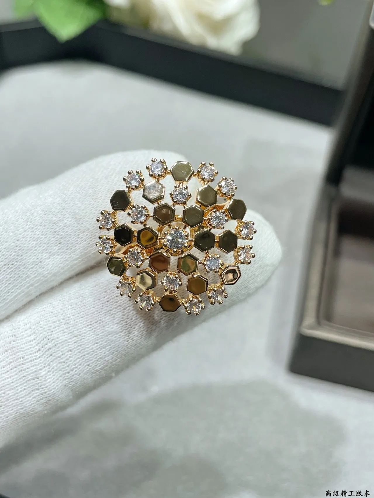 Gold Black Hexagonal Honeycomb Motif Pave-Set Clear Stones Ring 6