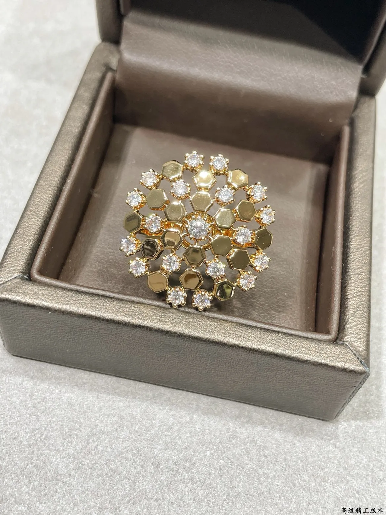 Gold Black Hexagonal Honeycomb Motif Pave-Set Clear Stones Ring 7