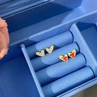 Gold Blue Heart-Shaped Enamel-Accented Earrings