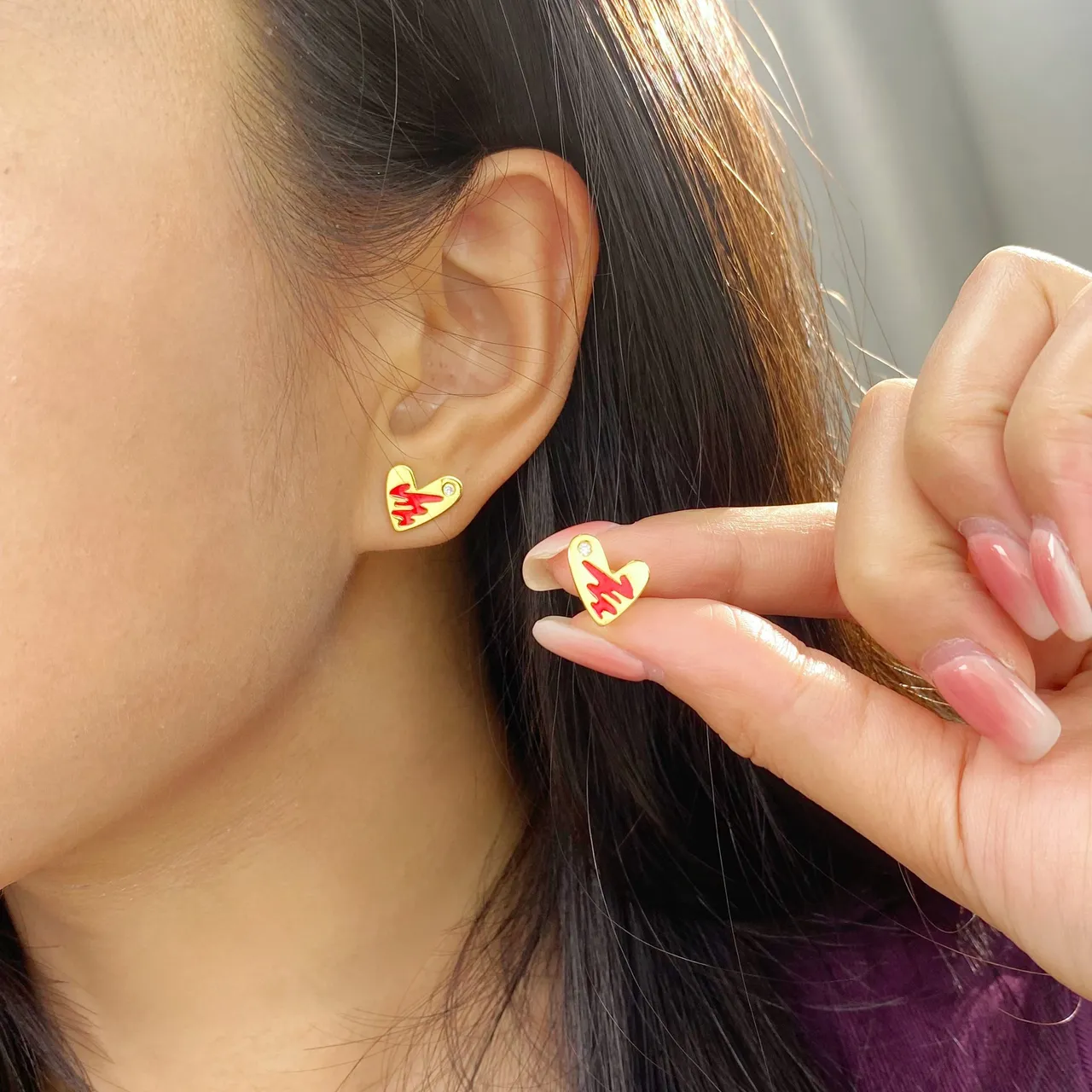 Gold Blue Heart-Shaped Enamel-Accented Earrings 3