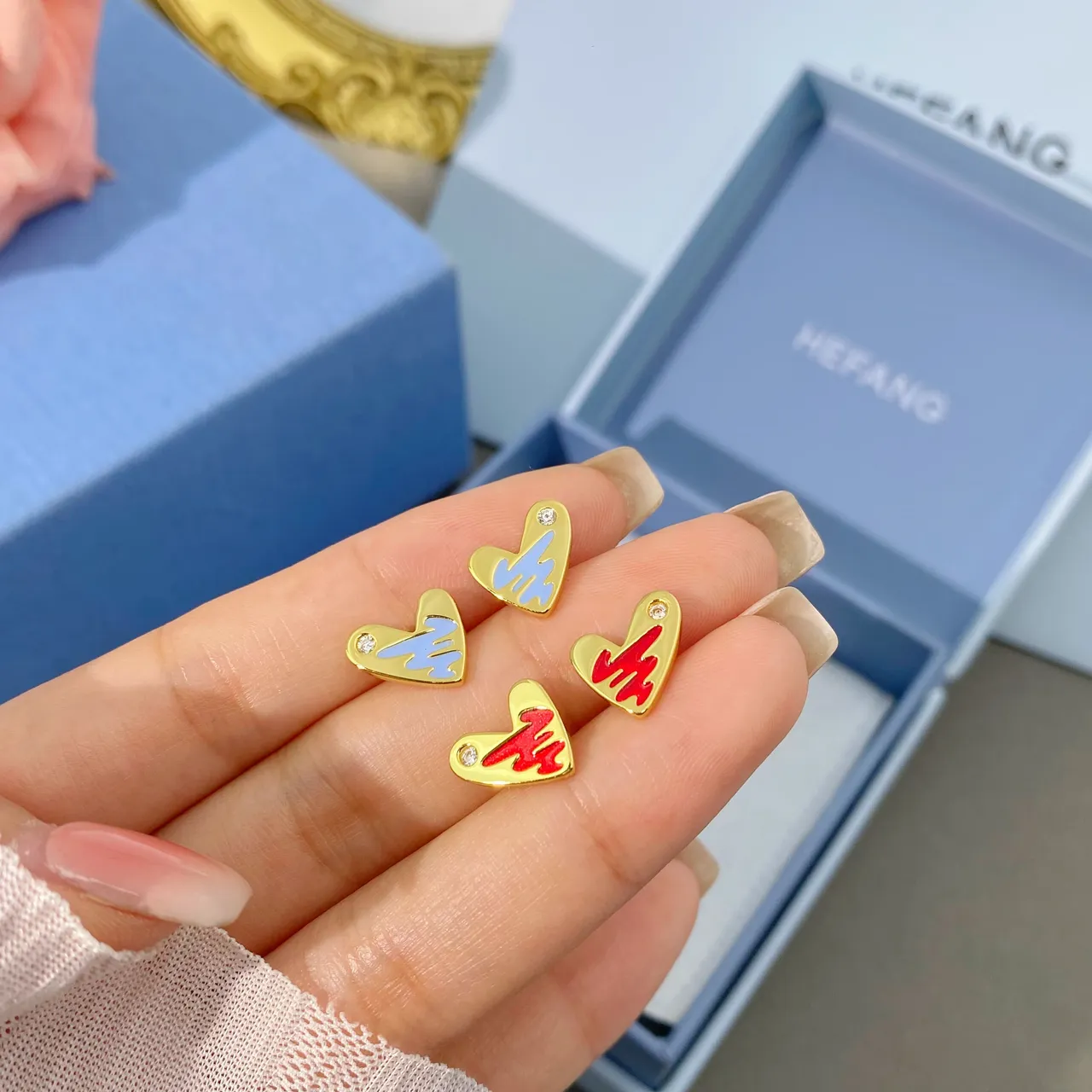 Gold Blue Heart-Shaped Enamel-Accented Earrings 5