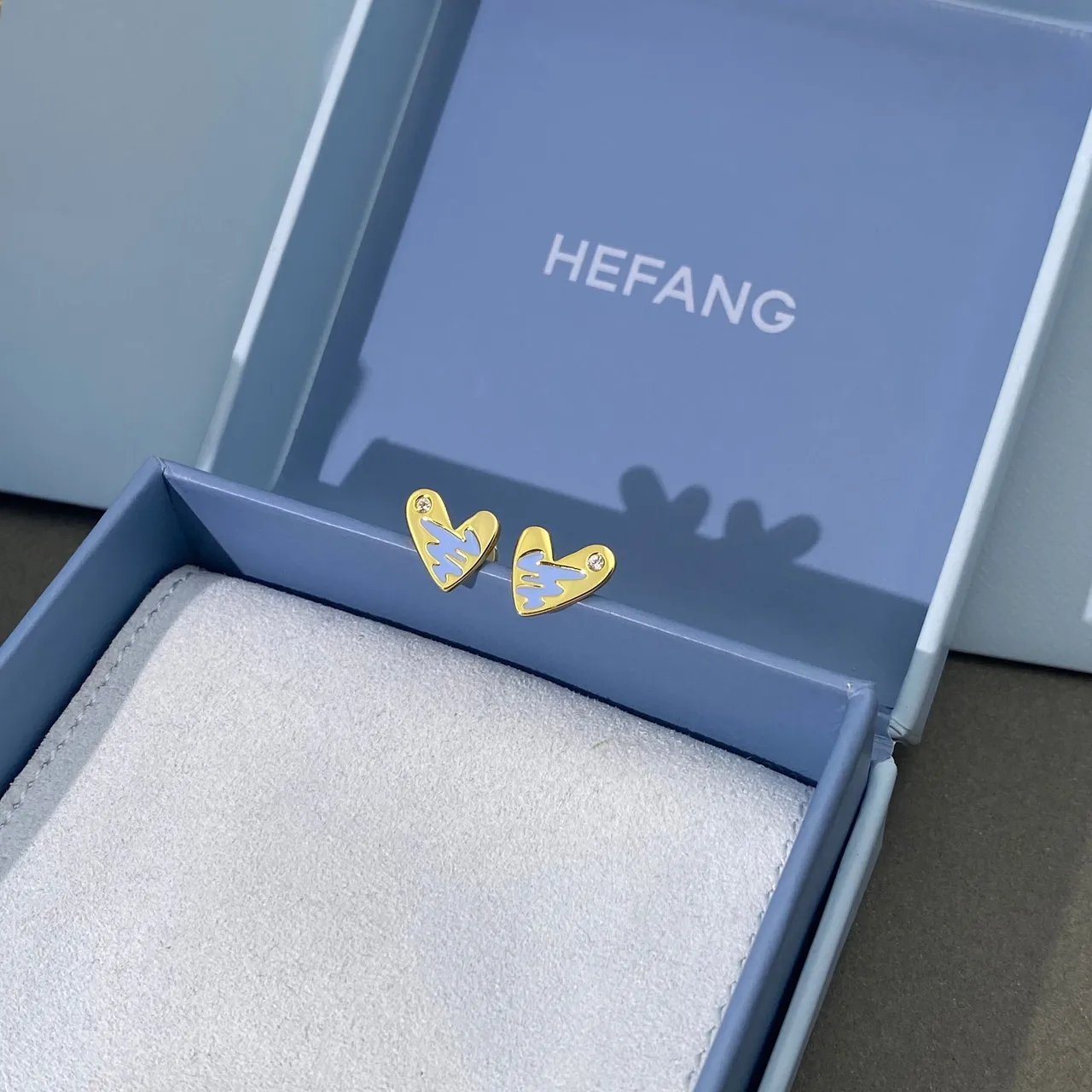 Gold Blue Heart-Shaped Enamel-Accented Earrings 7