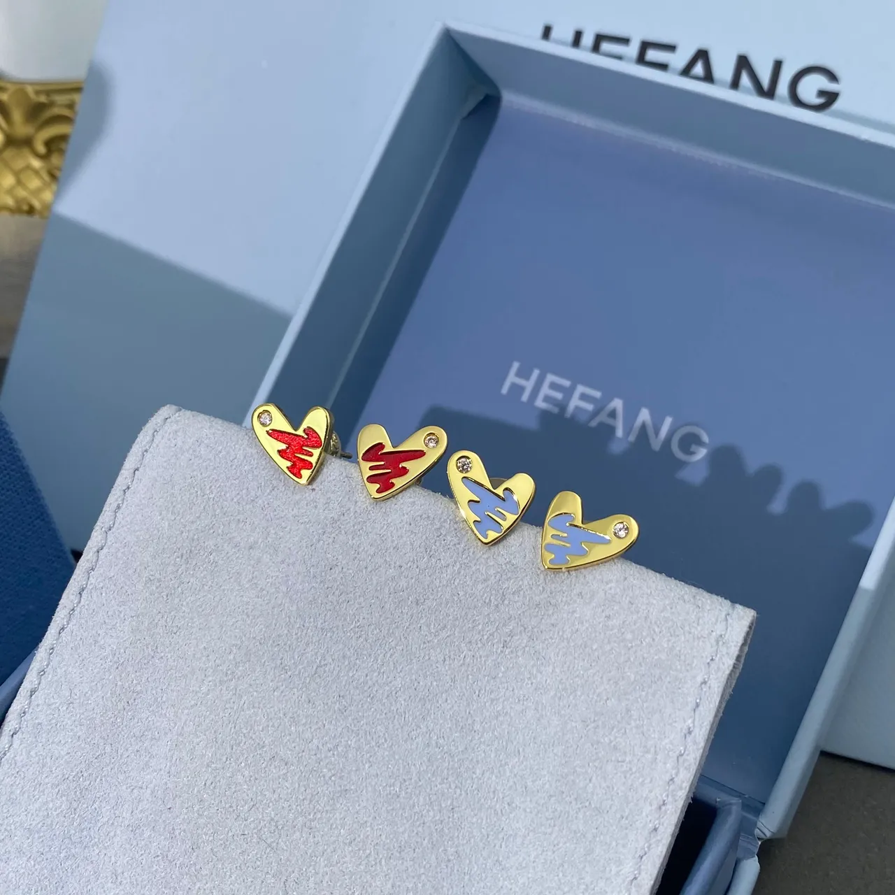 Gold Blue Heart-Shaped Enamel-Accented Earrings 8