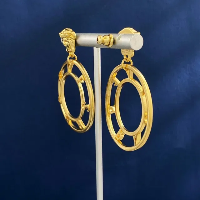 Gold Blue Hoop Sculpted Lion-Head Top Earrings 3