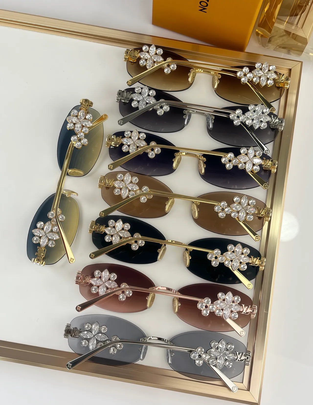 Gold Brown Rimless Decorative Cutout Motif Sunglasses 9