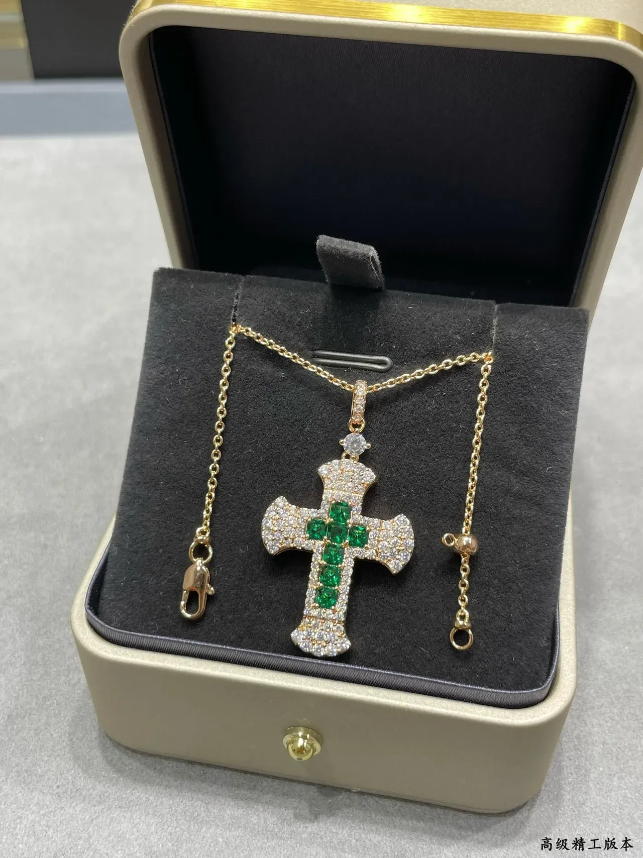 Gold Green Cross-Shaped Pendant Pavé-Set Clear Stones Necklace 4