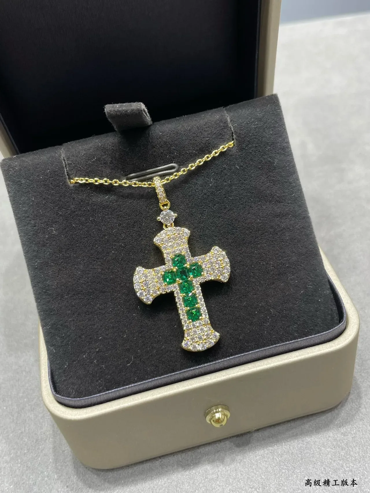 Gold Green Cross-Shaped Pendant Pavé-Set Clear Stones Necklace 8