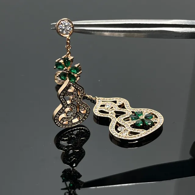 Brincos de Ouro Verde Filigrana Pavé-Set Pedras Claras 4