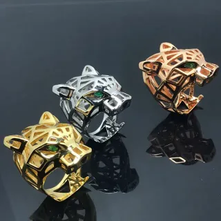 Gold Green Geometric Panther Head Openwork Lattice Structure Ring