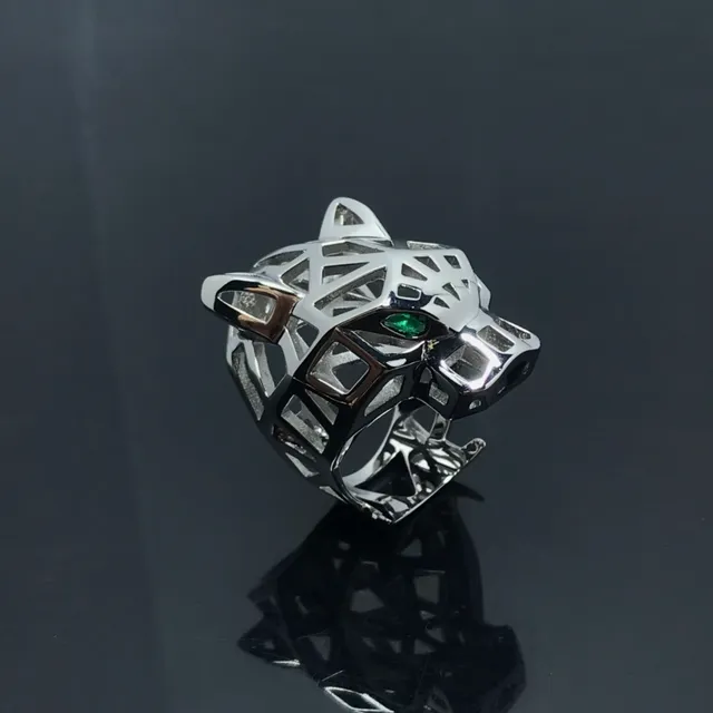 Gold Green Geometric Panther Head Openwork Lattice Structure Ring 2