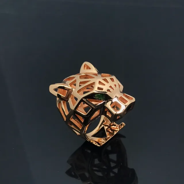 Gold Green Geometric Panther Head Openwork Lattice Structure Ring 3