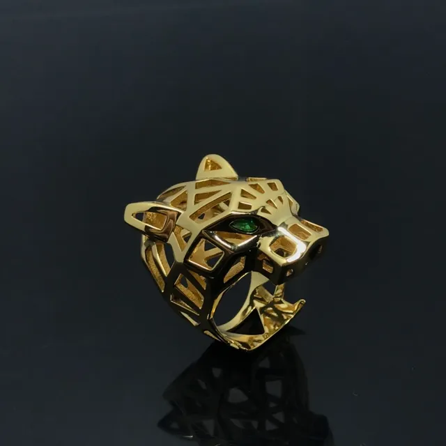 Gold Green Geometric Panther Head Openwork Lattice Structure Ring 4
