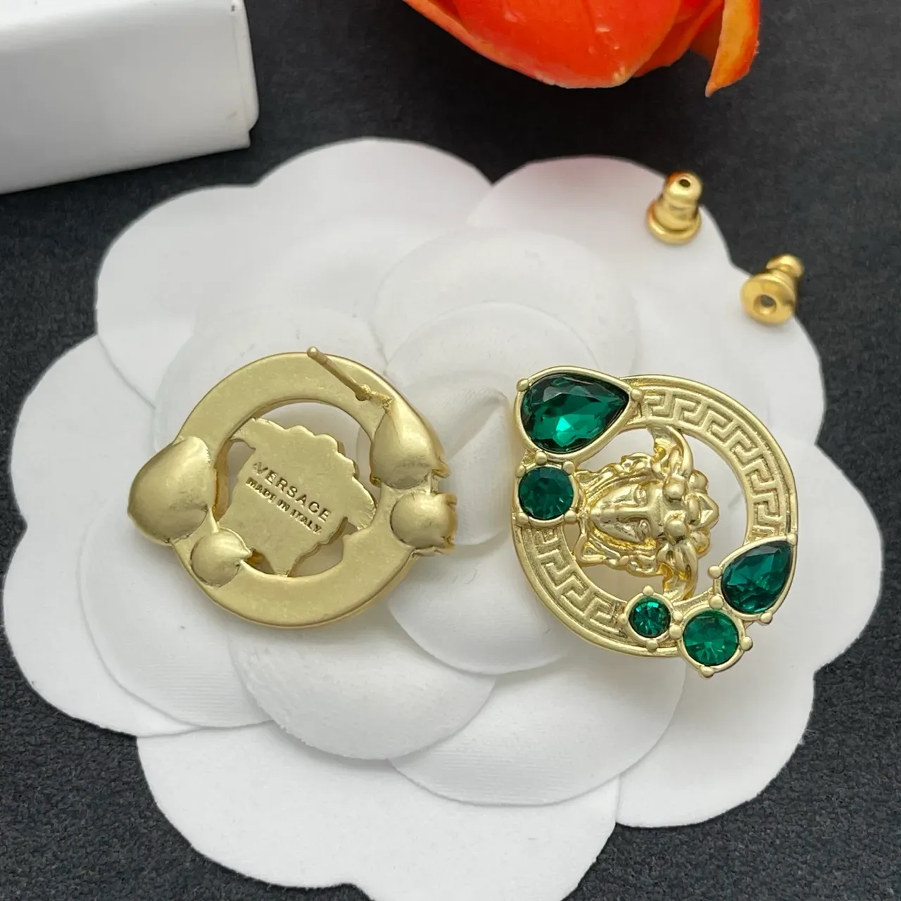 Gold Green Medusa Head Motif Earrings 4