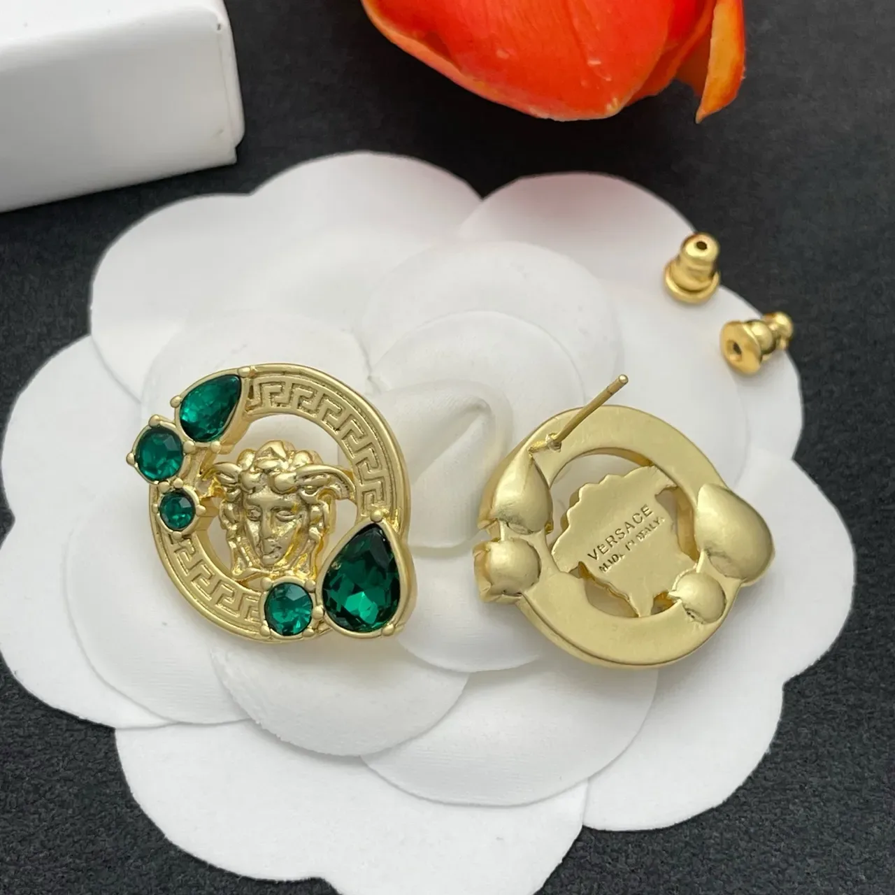 Gold Green Medusa Head Motif Earrings 5