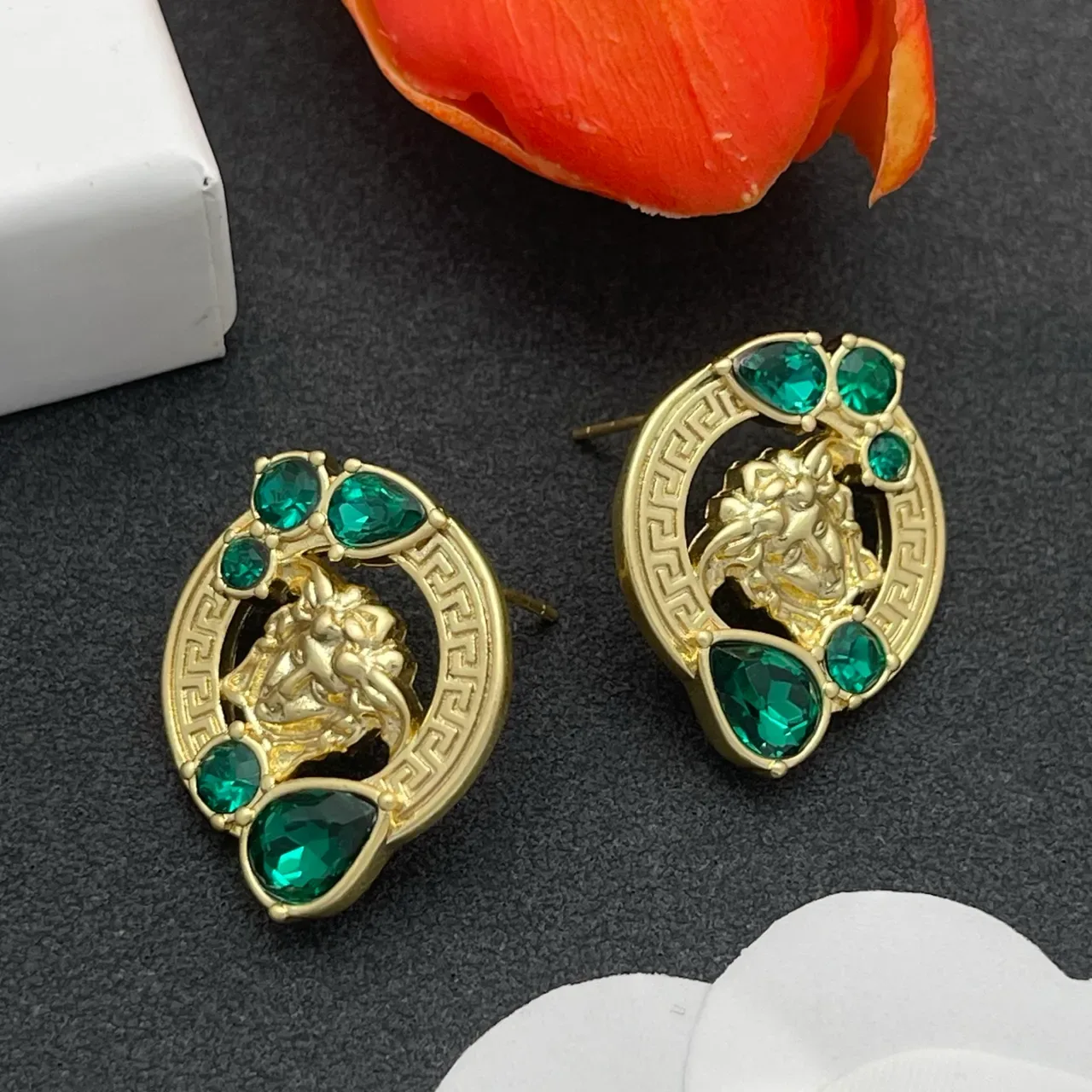 Gold Green Medusa Head Motif Earrings 6