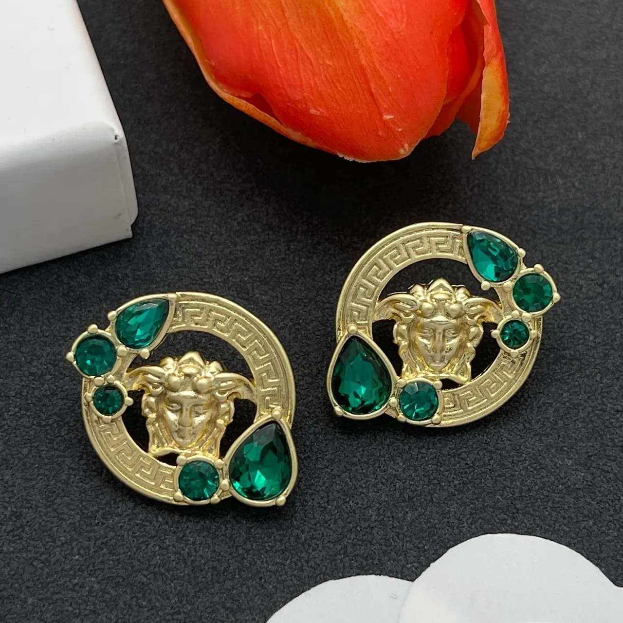 Gold Green Medusa Head Motif Earrings 7