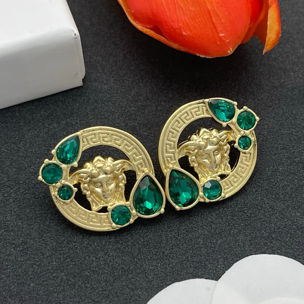 Gold Green Medusa Head Motif Earrings 8