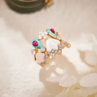 Gold Multi-Stone Enamel and Shell Motif Ring