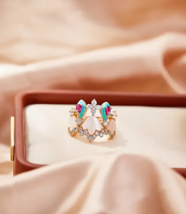 Gold Multi-Stone Enamel and Shell Motif Ring 6