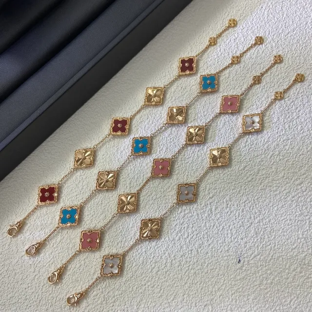 Gold Multicolor Chain Square Floral Enamel Charms Bracelet 1
