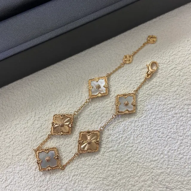 Gold Multicolor Chain Square Floral Enamel Charms Bracelet 5