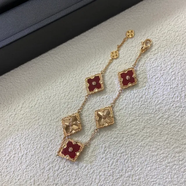 Gold Multicolor Chain Square Floral Enamel Charms Bracelet 6