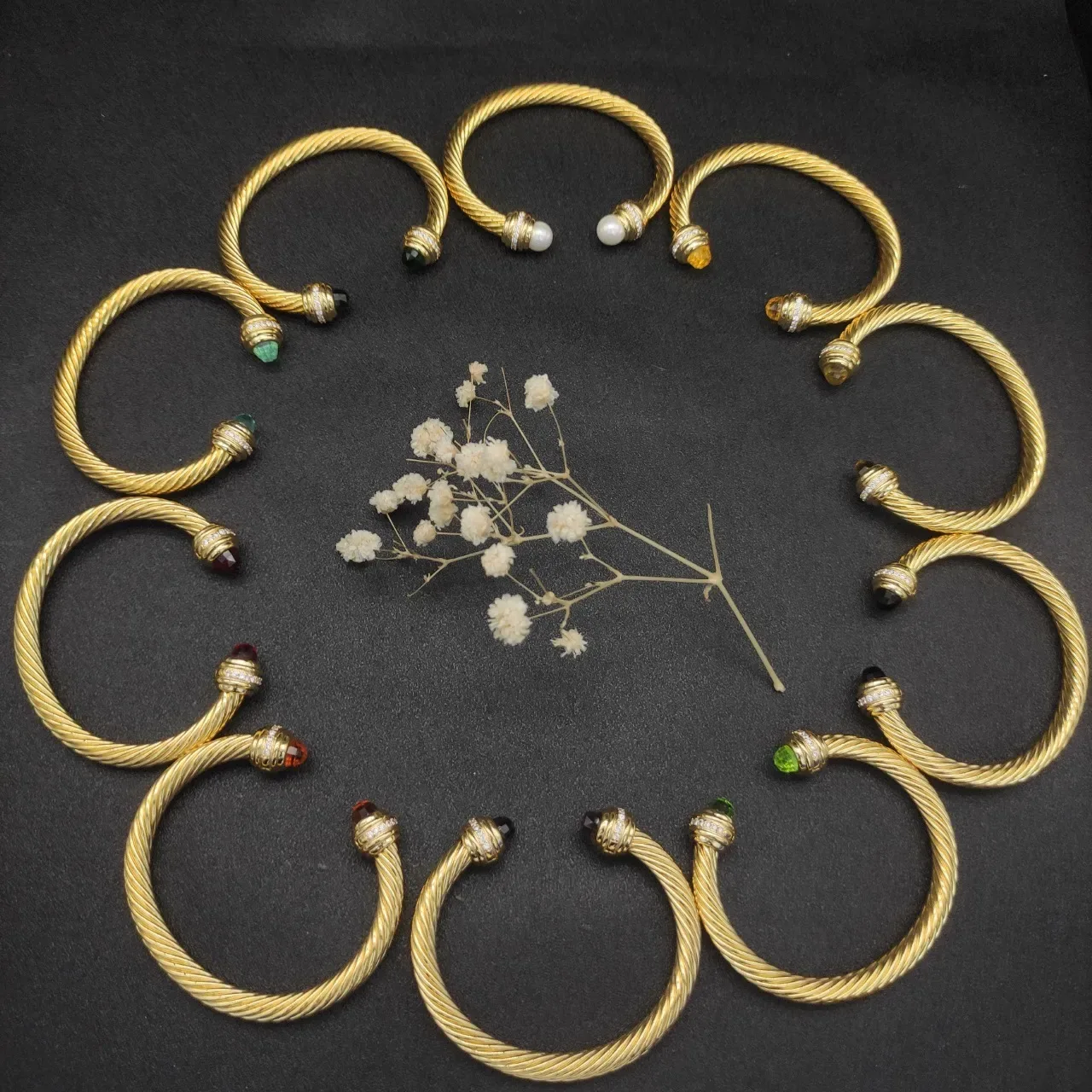 Gold Multicolor Twisted Cable Gemstone-Set Bezel Bracelet 6