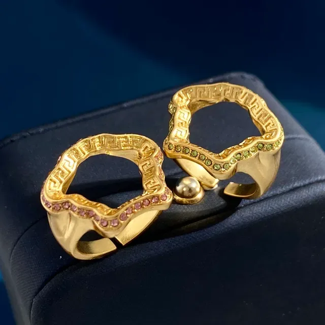 Gold Pink Metal Greek Key Engraved Band Ring 5