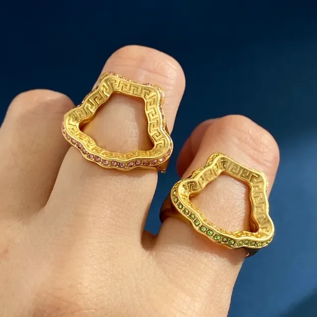 Gold Pink Metal Greek Key Engraved Band Ring 6