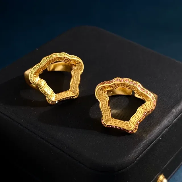 Gold Pink Metal Greek Key Engraved Band Ring 8