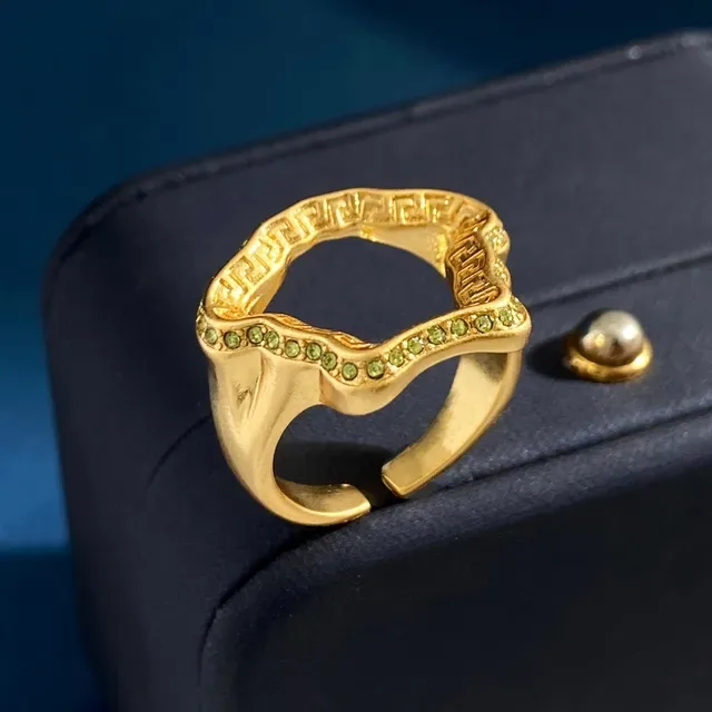 Gold Pink Metal Greek Key Engraved Band Ring 9