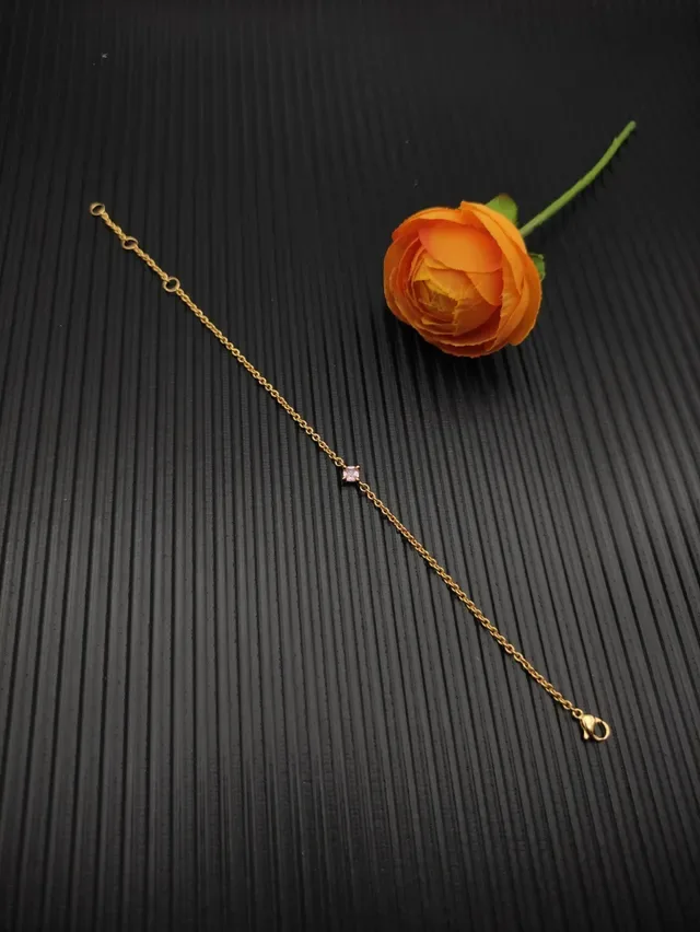 Gold Pink Rope Chain Single Square-Cut Gemstone Bracelet 7