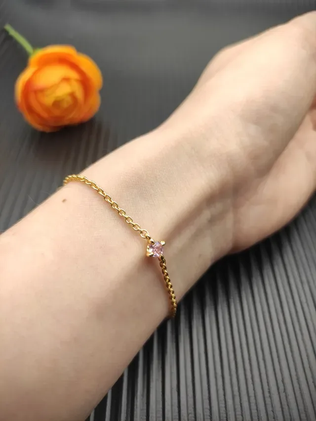 Gold Pink Rope Chain Single Square-Cut Gemstone Bracelet 8