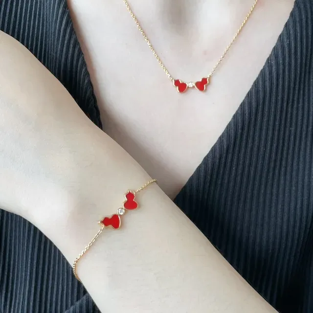 Gold Red Chain Enamel Heart Charms Bracelet 8