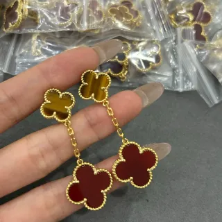 Gold Red Clover-Shaped Dangling Earrings