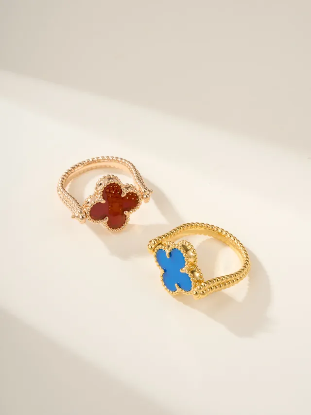 Gold Red Clover-Shaped Enamel Inlay Beaded Band Ring 2