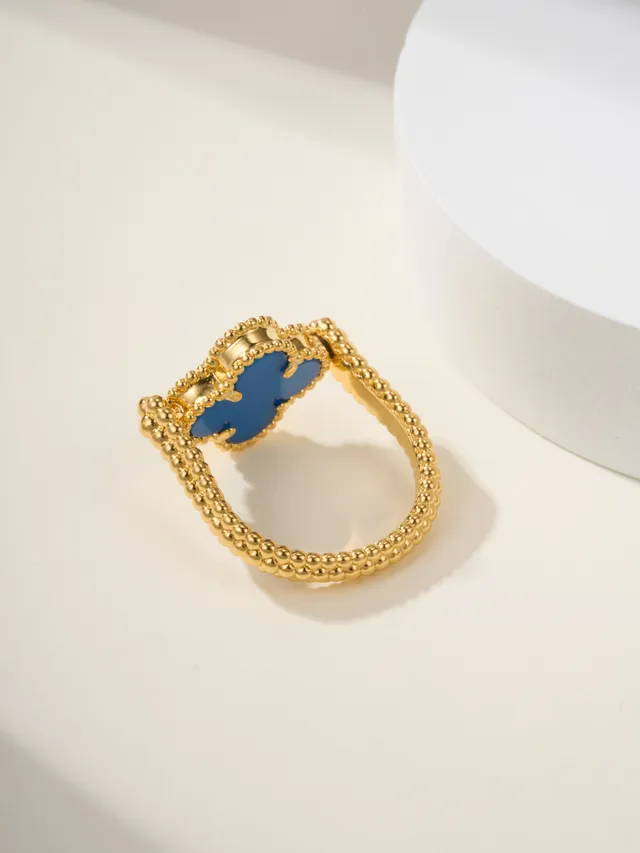 Gold Red Clover-Shaped Enamel Inlay Beaded Band Ring 6
