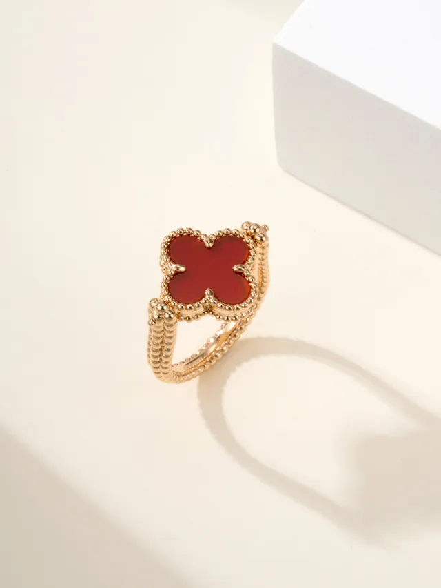 Gold Red Clover-Shaped Enamel Inlay Beaded Band Ring 13
