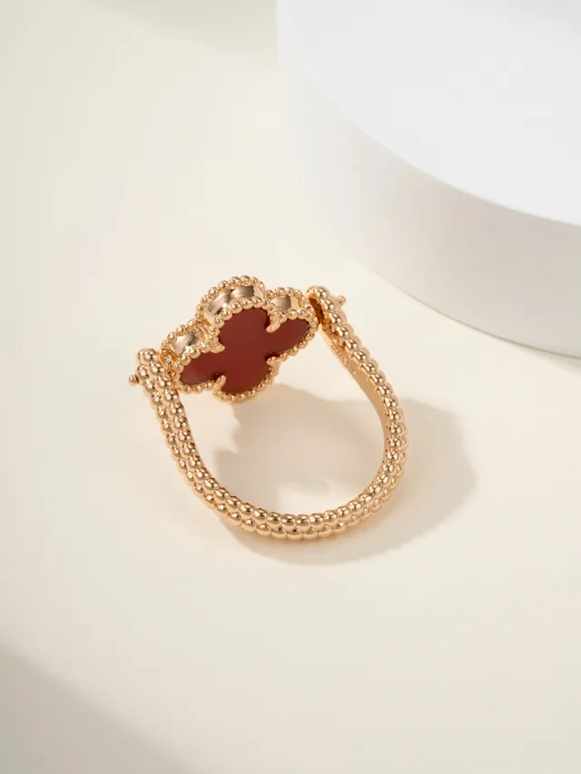 Gold Red Clover-Shaped Enamel Inlay Beaded Band Ring 14