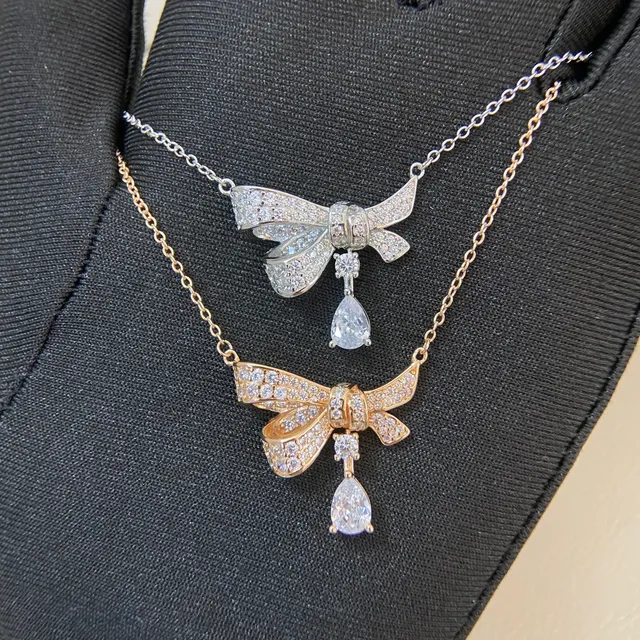 Gold Silver Bow-Shaped Pendant Pavé-Set Stones Necklace 2